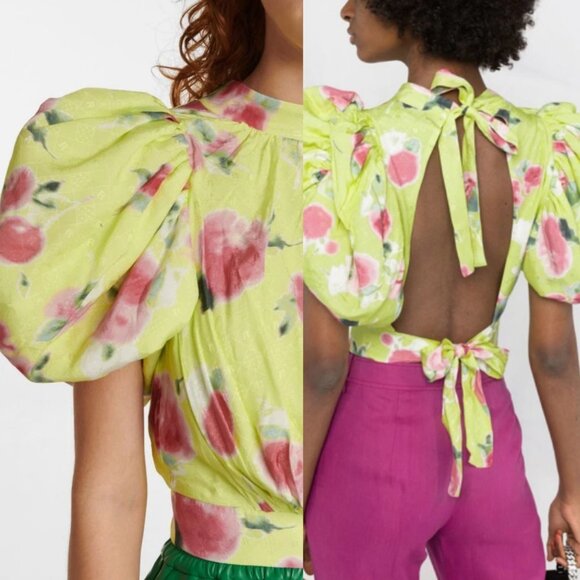 NEW Rotate Birger Christensen Dawn Floral Puff Sleeve Top Tie Back Yellow Boho 4 - Picture 2 of 14